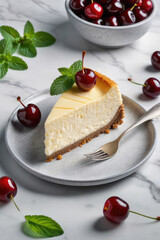 Wall Mural - Tasty cherry cheesecake with cherry on a white marble background.