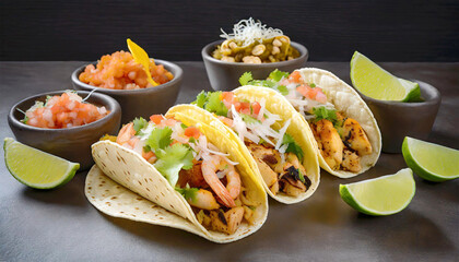 Wall Mural - Seafood tacos bar serving mix of classic tacos with a variety of toppings.