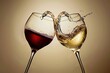 Close-up of a toast: two elegant wine glasses, one containing deep red wine, the other shimmering with white, collide in a celebratory clink, with wine droplets forming a playful arc.