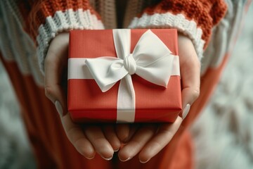 A person holding a red gift with a white bow, perfect for holiday concepts