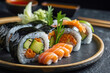 A plate of gourmet sushi rolls arranged artfully. Sushi on Traditional Japanese Plate
