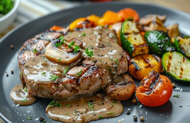 Sticker - Grilled pork with mushroom sauce and vegetables