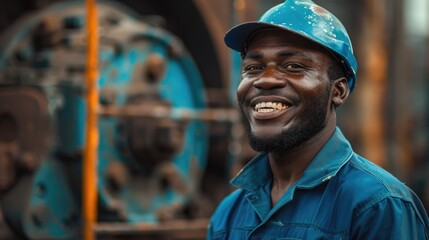 Poster - A man wearing a blue hat and shirt. Ideal for fashion or casual lifestyle concepts