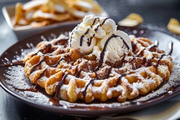 Homemade funnel cake with ice cream powdered sugar and chocolate drizzle focused