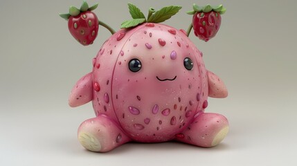 Sticker -   A figurine of a strawberry with a face and two green leaves; a close-up view