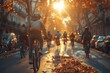 Cyclists ride along a city bike lane covered with fallen leaves, bathed in the golden glow of a sunset, symbolizing active urban life in the autumn season. AI Generated
