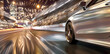Silver Car Speeding Through Vibrant City Street at Night