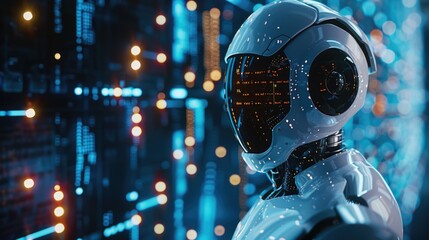 A close up of a robot in front of a computer screen. Perfect for technology and artificial intelligence concepts