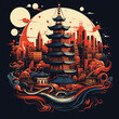 chinese old castle, flat illustration
