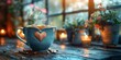 A blue cup of coffee with steam in the shape of a heart, a warm and homely atmosphere, generated with AI