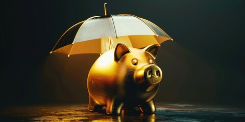 A gold piggy bank standing next to an umbrella. Ideal for financial and rainy day savings concepts