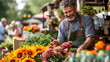 Cheerful Vendor Arranging Flowers at Local Farmers Market