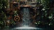 A hidden alcove within a mechanical garden, featuring a small, trickling waterfall over a wall of interlocking gears and pipes, surrounded by foliage crafted from various metals