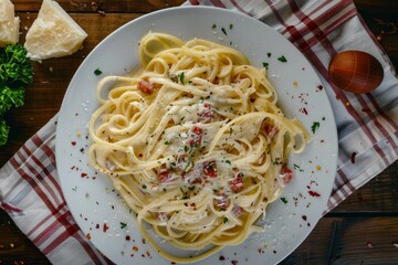 Wall Mural - Italian dish of Spaghetti Carbonara with cream sauce top view on wooden table selective focus