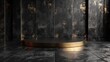 Illuminated advertising gold luxury podium, gold stand against the background of a black wall with gold plating and gold edges on a marble floor. Rich design template, logo mockup
