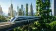 A futuristic cityscape where all buildings are equipped with solar panels and vertical gardens, connected by high-speed maglev trains powered by renewable energy, under a clear, pollution-free sky.