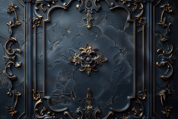 Wall Mural - Dark luxury abstract background: Black forged elements with gold plating on a black lumpy raw base