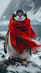 Wall Mural - Black and white, high-contrast portrait of a penguin as an Antarctic explorer, with the bright red of its scarf billowing in the cold wind, braving the icy wilderness, generated with AI