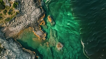 Wall Mural - This aerial photograph captures the immense expanse of an ocean with powerful breaking waves, Aerial panorama of an emerald sea lapping against stony banks, AI Generated