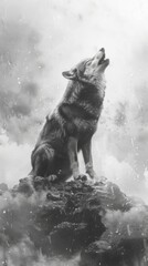 Wall Mural - Black and white image of a majestic wolf howling on a rocky peak, with its eyes a piercing emerald green, sharp contrast against the misty backdrop, every fur detail captured, embod, generated with AI