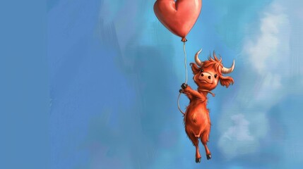 Wall Mural - Charming kawaii illustration of a highland cow with a soft, woolly texture, holding a heart-shaped balloon with its mouth, looking up as the balloon floats higher into a clear blue, generated with AI
