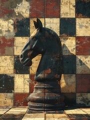 Wall Mural - Illustration, a horse-head chess piece representing a knight in chess. The shadow is projected on the wall, which is a charging knight, generated with AI