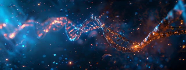 Wall Mural - 3d render of a double helix dna structure floating in space, glowing and sparkling with energy. dark