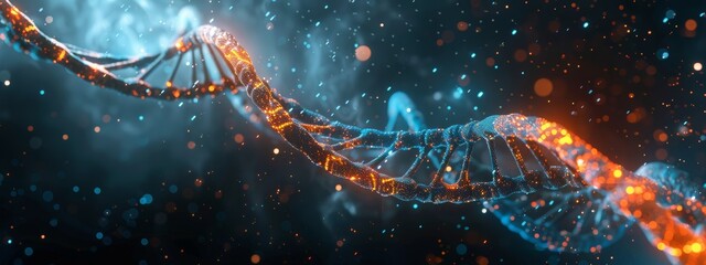 Wall Mural - 3d render of a double helix dna structure floating in space, glowing and sparkling with energy. dark