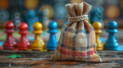 Wall Mural - Small cottong bag, emphasizes it is ecological because made of cotton with the background with few of board game pawns, generated with AI