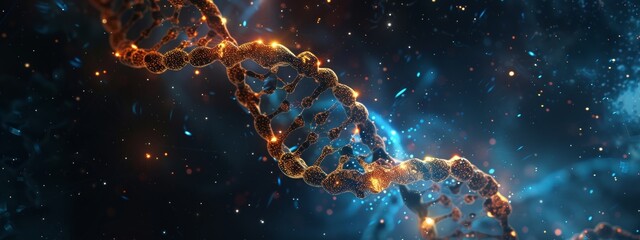 Wall Mural - 3d render of a double helix dna structure floating in space, glowing and sparkling with energy. dark