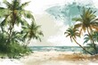 Soft and quaint image of a beach scene with palm trees, hand drawn style with a white background, generated with AI