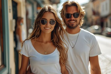 Wall Mural - Stylish young couple in sunglasses and white t-shirts strolling down the street. Concept Fashion Photography, Street Style, Couple Portraits, Sunglasses Trend, Urban Lifestyle
