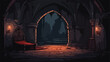Abandoned castle dungeon room with light on wall. D