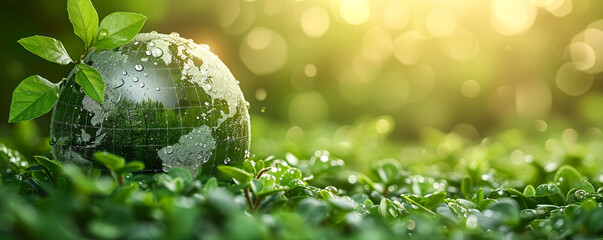 A green background with an earth globe, plant leaves and some water drops. Green background, soft ambient light. Environmental protection and the planet's health in ecofriendly technology concept.