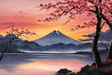 Fototapeta  - Japanese mountain landscape adorned with delicate cherry blossoms, capturing essence of tranquility, beauty. For interior, commercial spaces to create stylish atmosphere, print.