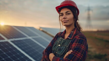 Portrait of a female engineer in a hard hat working with solar panels.