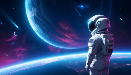 an astronaut in a blue space suit standing on an unknown planet surface