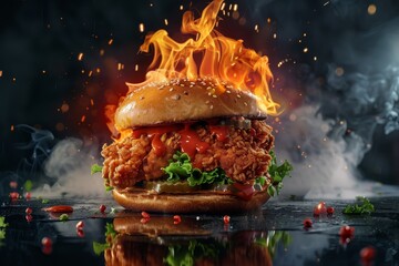 Wall Mural - Spicy fire themed ads for scrumptious chicken burgers