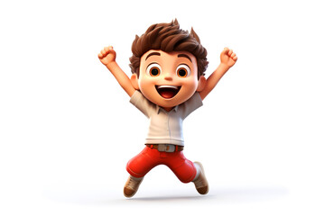Wall Mural - Happy smiling laughing jumping playing cartoon character boy kid child person in 3d style design on white background. Human people feelings expression concept