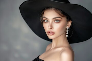 Sticker - Studio photo of a stylish and elegant woman wearing a beautiful black hat evening dress and modern jewelry on a grey background