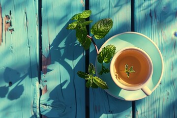 Wall Mural - A cup of mint tea on a blue wooden surface