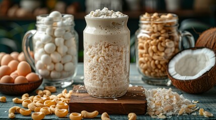 Poster -   A jar, brimming with marshmallows, rests atop a weathered wooden table Nearby jars hold various foods