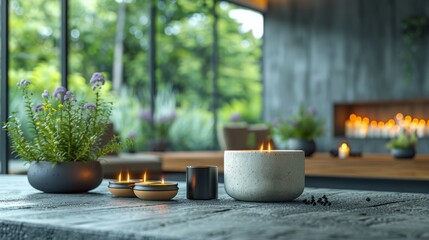 Wall Mural -   A collection of candles arranged on a table near a bouquet of flowers and a potted plant