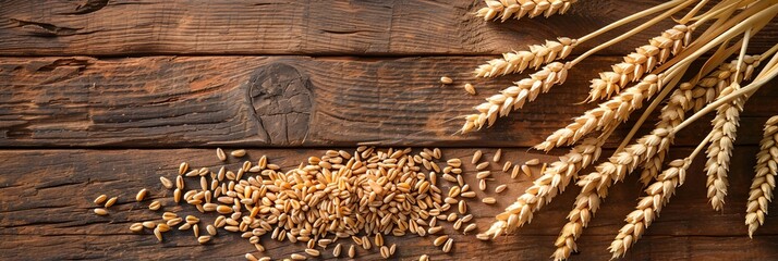 Wall Mural - Wheat grains and ears arranged on a table, symbolizing abundance, harvest, and agricultural prosperity