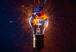 Growing vintage incandescent light bulb with a burst of vibrant paint splatters against a dark background, clear glass bulb and colorful splash