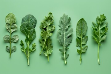 Wall Mural - Artistic arrangement of greens on green background flat lay Food and macro concept