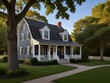 A Dutch colonial house with a gambrel roof, dormer windows, and a welcoming front porch, generative AI