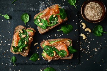 Poster - Avocado salmon sandwich on rye bread with spinach crushed cashew nuts and sesame seeds photographed from above