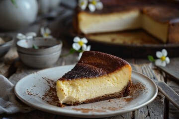 Wall Mural - Basque burnt cheesecake with selective focus on the background