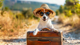 Fototapeta  - A cute dog with a straw hat sits on a sunlit road, gazing forward, holding onto a vintage suitcase
